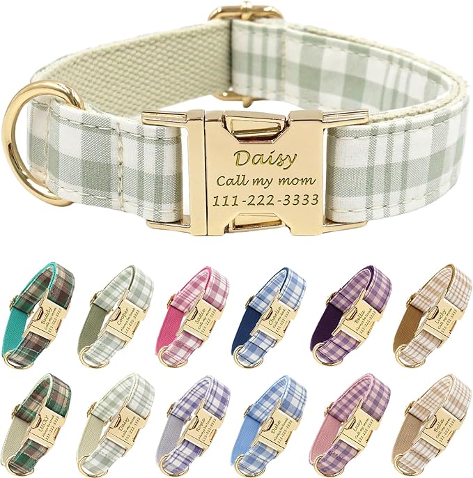 PETDURO Personalized Dog Collar Sage Green Plaid for Large Medium Dogs | Engraved Name and Phone Number on Gold Metal Buckle for Boys & Girls | Add Leash & Bow Tie via Customize Now