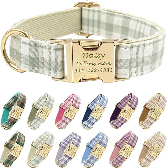 PETDURO Personalized Dog Collar Sage Green Plaid for Large Medium Dogs | Engraved Name and Phone Number on Gold Metal Buckle for Boys & Girls | Add Leash & Bow Tie via Customize Now