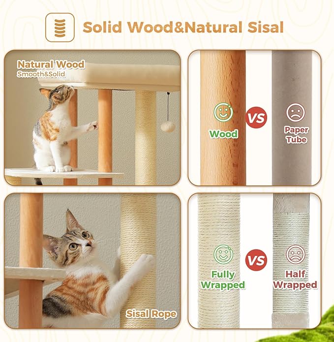 PAWZ Road Large Cat Tree, 53 Inches Modern Wooden Cat Tower for Indoor Large Cats, Multi-Level Cat Condos with Long Scratching Posts and Natural Wood Posts-Beige