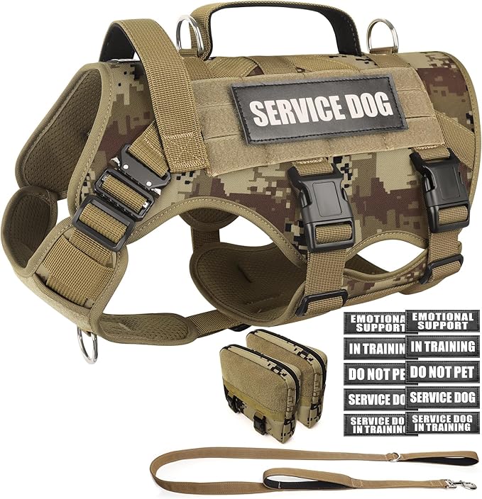 WINSEE Tactical Dog Harness with Dog Leash, Service Working MOLLE Vest with 10 Pet Patches for Dog, No Pull Military Harness and Backpack for Training Hunting Walking
