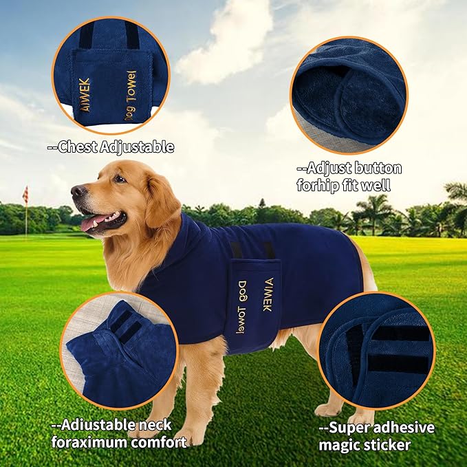 Dog Towel Dog Bathrobe, Microfiber Super Absorbent Pet, Quick Drying Robe for After Bath, Adjustable Collar & Belly Strap Pet Cat Bath Robe Towel Blue-XL