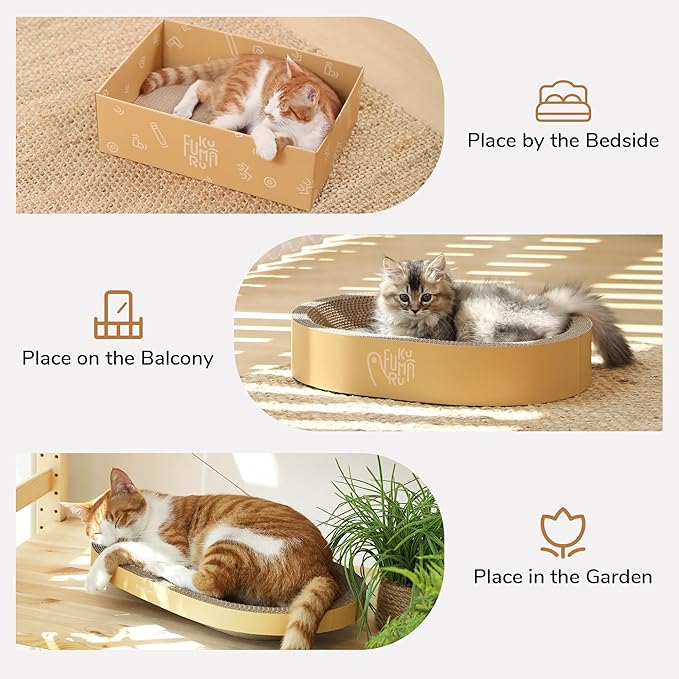 FUKUMARU 3PCS Cardboard Cat Scratcher Bed, Durable Oval Cat Scratch Bed Pads, Round Cats Scratching Board with Large Kitten Scratcher Box for Indoor Cats, Couch Sofa Furniture Protector