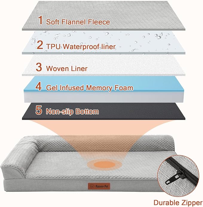 Orthopedic Dog Beds for Large Dogs, Memory Foam Dog Beds Large Sized Dogs, Washable Removable Cover, Nonskid Bottom, Waterproof, for Indoor, Outdoor, Crate ＆ Car Use, 36x27x6 Inches, Light Grey