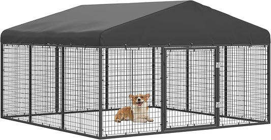 118" x 118" Outdoor Dog Kennel Steel Ideal Dog Fence for Medium/Small Dogs Anti-Rust Coating Cage with Roof All Weather Resistant Dog House with Double Locks