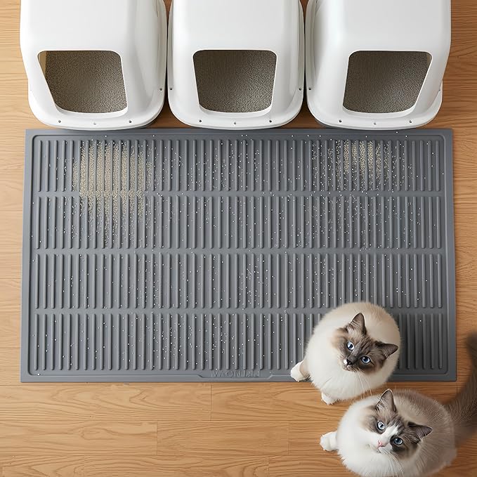 PetNova Extra Large Litter Mat: XL 39"x29" Silicone Waterproof Groove Design Litter Trapping Mat Easy to Clean for Multiple-Cats - Jumbo Non-Slip Cat Box Rug for Floor (Grey)