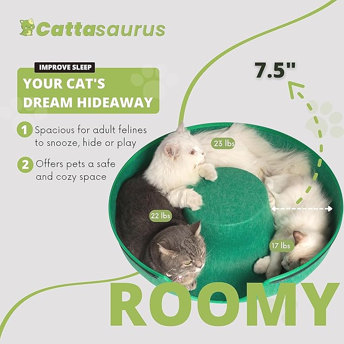 Cattasaurus Peekaboo Cat Cave Donut for Multiple & Large Cats up to 30-45 lbs, 3-in-1 Self Warming Cat Bed, Tunnel & Scratcher for Indoor Cats, Washable & Detachable Dog Bed (Forest Green, Large)