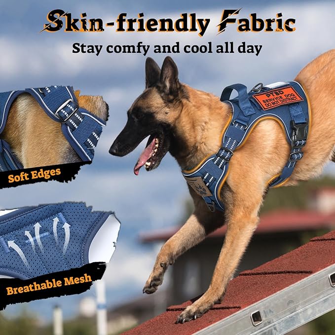 rabbitgoo Dog Harness Medium Sized No Pull, Tactical Service Pet Vest with Molle and Control Handle, Adjustable and Reflective Military Harness for Easy Walking and Training, Blue, M