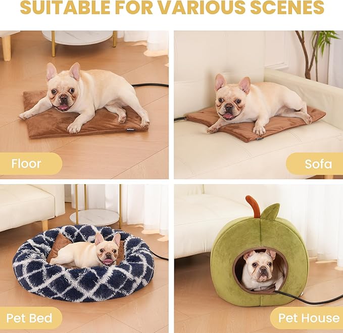 Heated Pet Pad for Dogs and Cats, Waterproof Heating Mat with Chew-Resistant Cord, Constant Warmth for Indoor & Covered Outdoor Use, Multiple Sizes and Colors (Brown, M: 20" × 16" × 1.3")