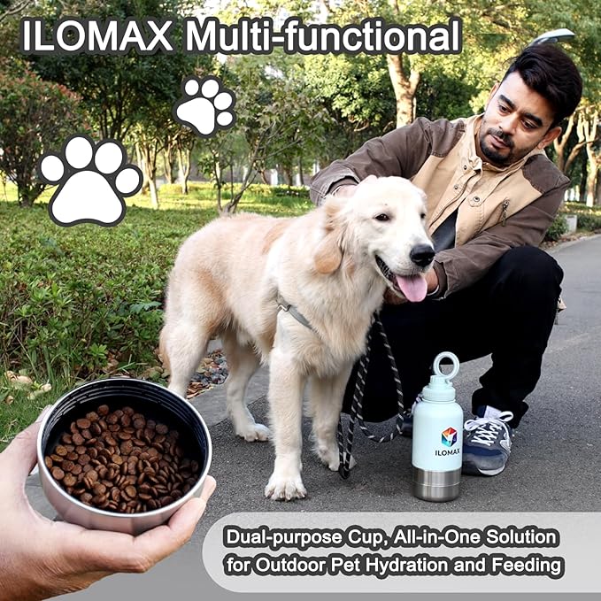 ILOMAX 3-in-1 Stainless Steel Dog Travel Water Bottle with Food & Water Bowls, Leak-Proof & Insulated, Extra Magnetic Lid, Keeps Drinks Cold 12H/Hot 6H, Portable Outdoor Hydration, 32oz (Bluish White)