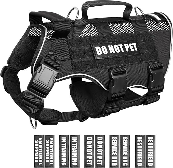 WINSEE Mesh Dog Harness with 10 Pet Patches for Large Service Dog in Training, Breathable Tactical Molle Vest with Double Handles, Reflective Military Pet Vest for Walking Hiking