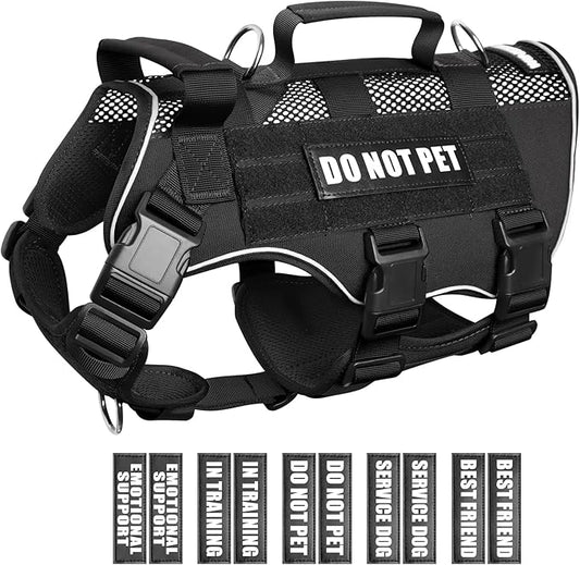 WINSEE Mesh Dog Harness with 10 Pet Patches for Large Service Dog in Training, Breathable Tactical Molle Vest with Double Handle, Reflective Military Pet Vest for Walking Hiking