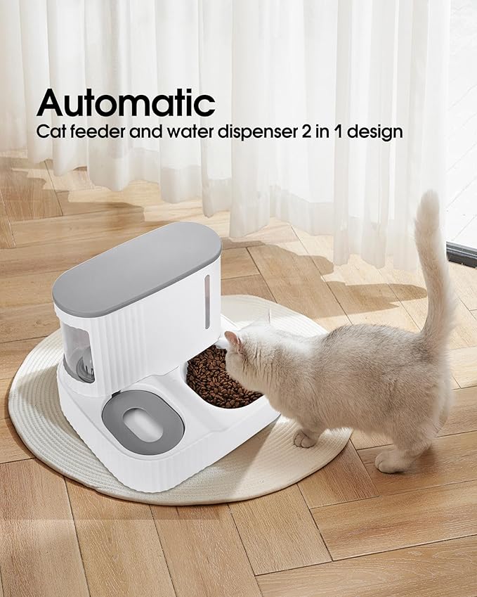 Cat Feeder and Water Dispenser,2 in 1 Gravity Automatic Bowl Auto Pet Dry Food Self Feeding Container Dishes Set for Dog Puppy Kitten Kit Set (Grey)