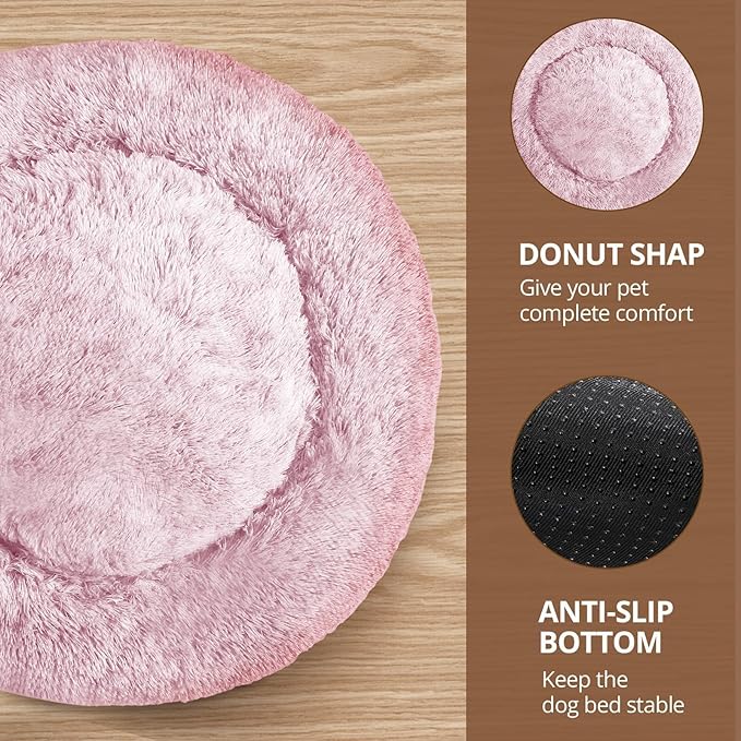 JOLLYVOGUE Calming Small Dog & Cat Bed for Indoor Cats - 20 inches Washable Donut Bed for Kittens & Puppies, Anti-Anxiety Round Fluffy Plush Pet Beds (Fits up to 15 lbs, Smoke Pink)