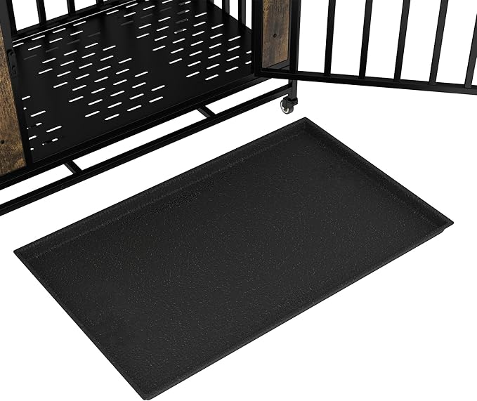 39 Inch Heavy Duty Dog Crate Furniture, Indestructible Wooden Dog Cage Kennel with Lockable Wheels and Removable Tray, Indoor Escape Proof Dogs House for Small Medium Dogs for Living Room Bedroom