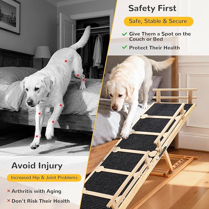 AQUILLA 60.9" Natural Wood Dog Ramp for Bed,Couch & Car,5-Level Adjustable Wooden Pet Ramp with Plush Anti-Slip Surface,Removable Rails,Angle Lock,Folding Dog Ramp for Small & Senior Pets, 200 lbs