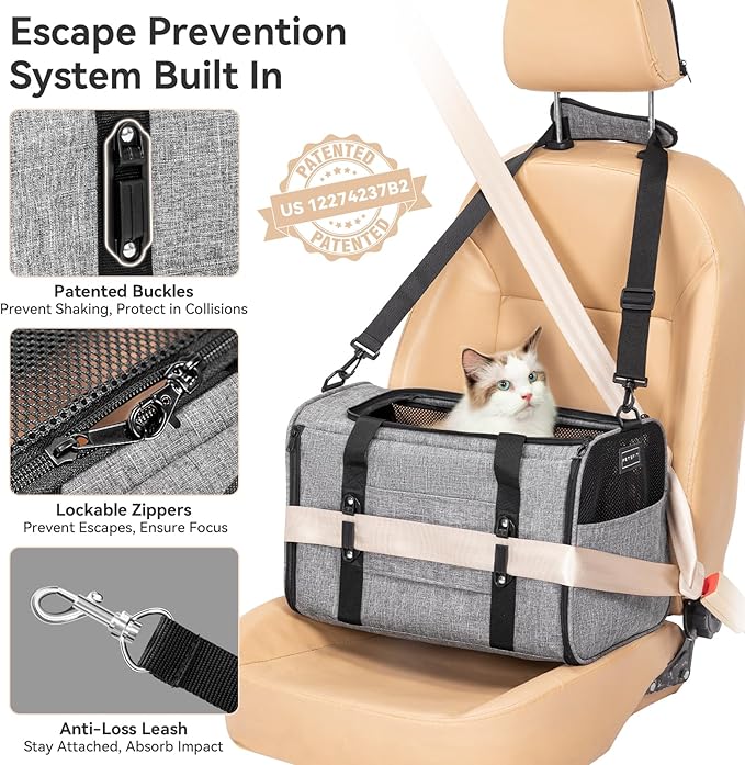 PETSFIT Cat Car Carrier for Small/Medium Cats Dogs, 18"x11"x11" Airline Approved Cat Carrier, with Patent Safety Buckles and Escape-Proof Zipper - Safeguarding Car Travel, Airplane, Vet, Outdoor