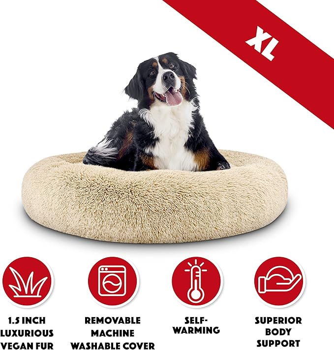 The Dog’s Bed Sound Sleep Donut Dog Bed, XL Beige Fur Calming Nest Bed Removable Cover, Veterinary Approved