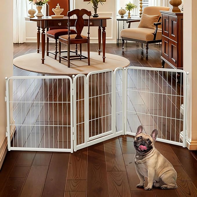 FXW Dog Gate Extra Wide Designed for Indoor Use, Adjustable Width Up to 69-inch Wide (24" H 3 Wire Panels for Puppies and Small Dogs), White