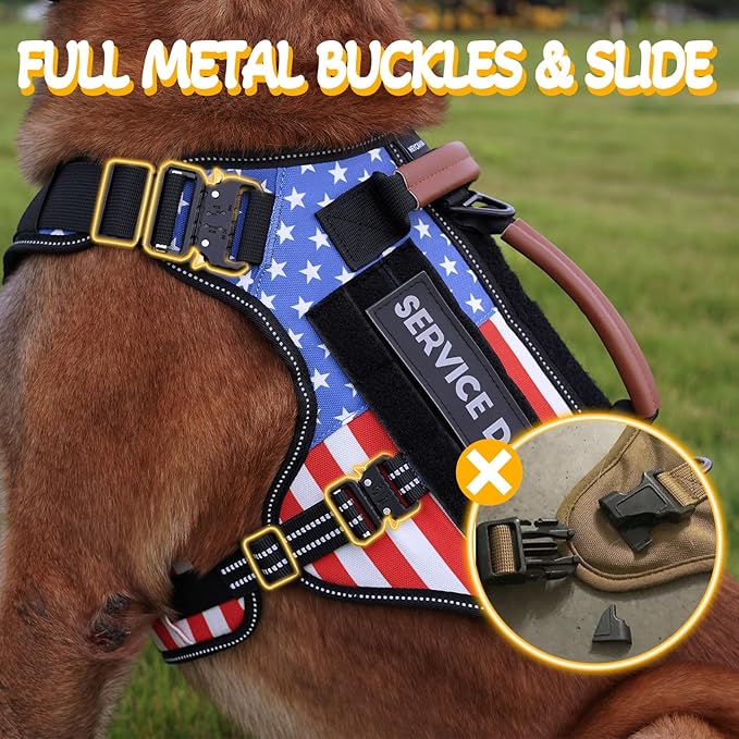 Service Dog Vest - HEYCAHVA Tactical Dog Harness Full Metal Buckles for Large Medium Dogs Reflective No Pull Dog Harnesses with Leather Handle, Hook & Loop for Hiking Training (Flag, L)