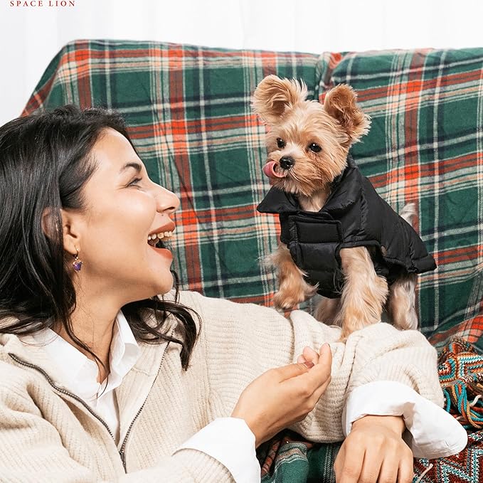 SPACE LION Dog Puffer Jacket, Down Winter Coat, Durable Outdoor Coat for Cold and Windy Conditions, Lightweight & Adjustable Fit Coats for Small Dogs, (Khaki, Size8/XS)