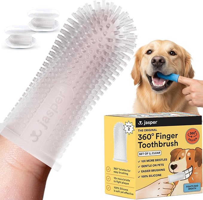 Jasper Dog Toothbrush, 360 Degree Dog Tooth Brushing Kit, Cat Toothbrush, Canine Dental Care & Teeth Cleaning Kit, Pet Finger Tooth Brush, Use with Pet Toothpaste, 2-Pack Clear