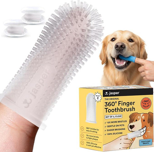 Jasper Dog Toothbrush, 360 Degree Dog Tooth Brushing Kit, Cat Toothbrush, Canine Dental Care & Teeth Cleaning Kit, Pet Finger Tooth Brush, Use with Pet Toothpaste, 2-Pack Clear