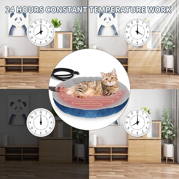 Heated Cat Beds for Indoor Cats Warming Cat Beds Super Soft Machine Washable Thermo Kitty Electric Heating Bed 19 Inches Round