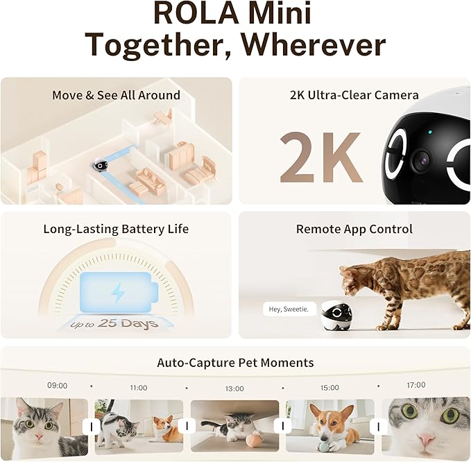Enabot EBO ROLA Mini FamilyBot 2K Pet Camera Robot: Movable Indoor Camera Battery-Powered with Phone App, One-Touch Call, 2-Way Talk, Night Vision, Motion Detection, Video Recording