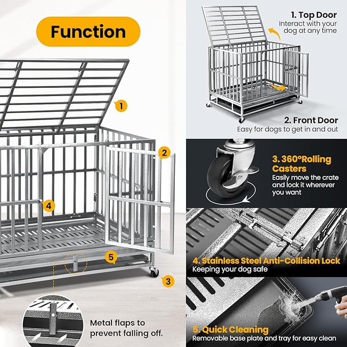 Oranland 38 inch Heavy Duty Indestructible Dog Crate,2025 New Upgraded Reinforced Baseplate for Large Dogs,XL Dog Crate for High Anxiety Dogs/Max Load Capacity 200lbs/Double Door with Wheels（Silver）