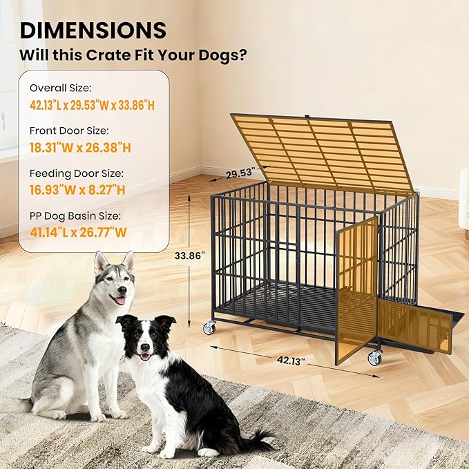 Garvee 42 Inch Heavy Duty Dog Crate, Metal Escape Proof Dog Kennel Indoor with 3 Doors, Removable Tray, Large Dog Cage with Wheels for Large and Medium Dogs, Black