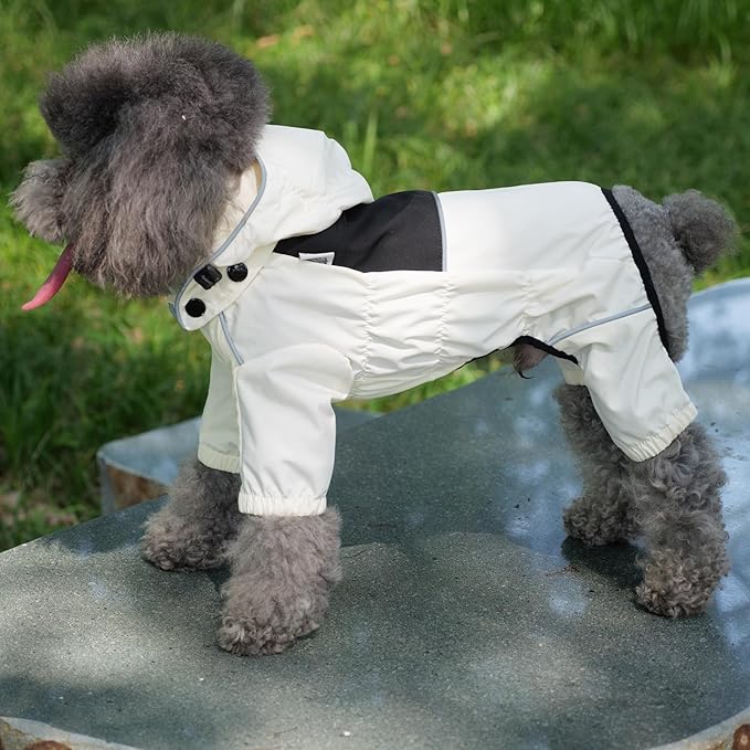 LOVELONGLONG Waterproof Dog Raincoat with Removable Hood – Outdoor Full Body Dog Jacket, Windproof Snowproof Shell Suit – All Season Pet Rain Gear Ivory S