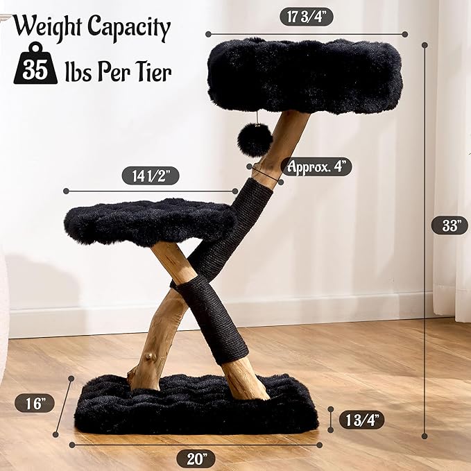Natural Wood Cat Tree for Indoor Cats Adults, 33in Modern Cat Tree Tower with Super Soft Plush Cat Bed & Perch, Sisal Scratching Posts and Hanging Plush Ball, Sheen Black