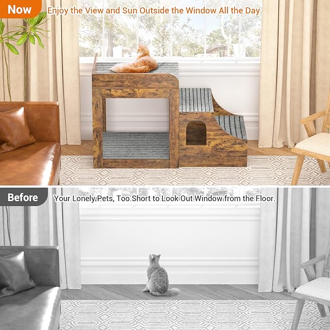 Cyclysio Super Large Multi-Level Pet Bunk Bed with Stairs, Rustic Platform Seat for Cats, Home Indoor Use, Large Size, Includes Mats and Drawers