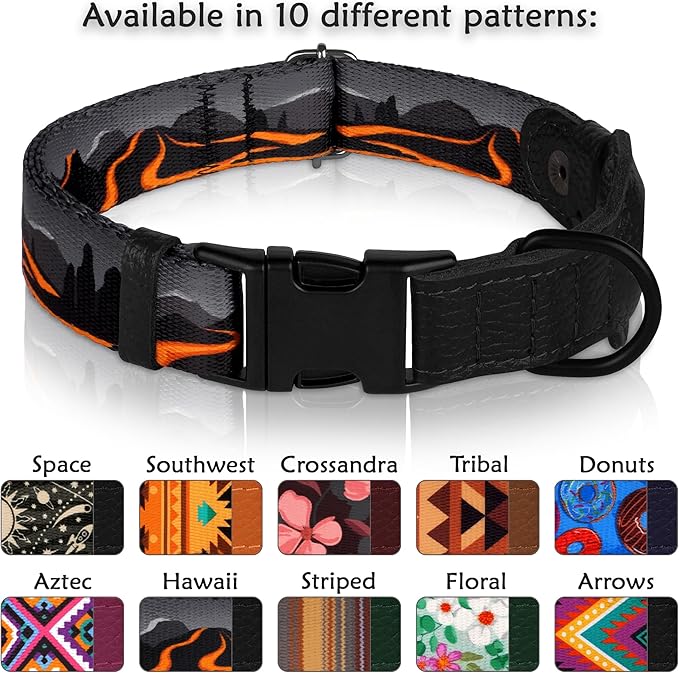 AirTag Dog Collar with Metal Buckle - Printed Nylon Soft Leather Dog Collar with Apple AirTag Holder - Secure Tracking GPS Pet Collars for Girl Boy Small Large Dogs (M, 14"-18" Neck Fit, Hawaii)
