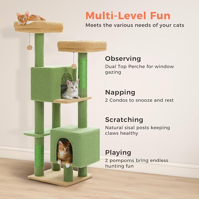 Cactus Cat Tree, 52.4 Inch Multi-Level Cat Tower for Indoor Cats with Dual Padded Top Perches, 2 Condos & Scratching Posts, Plush Cat Furniture for Kittens and Medium Cats, Green