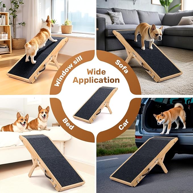 Wood Dog Ramp for Bed, 5-Level Adjustable Height (10" to 21") Pet Ramp with Non-Slip Surface for Couch, Bed and Car, Foldable Dog Stairs for Small, Medium to Large Dogs, Up to 200LBS