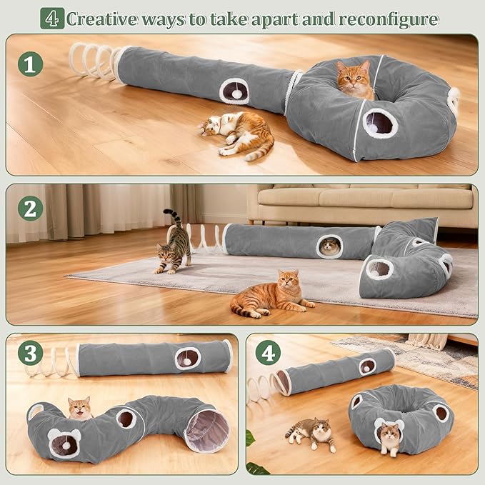 Ownpets 2-in-1 Cat Tunnel, Large Lollipop Shape Cat Tunnel Toy with Fluffy Balls, Spiral Toy, Plush Collapsible Cat Cave Hideout Donut Tunnel for Multi Kitten Puppy Rabbit (Grey)