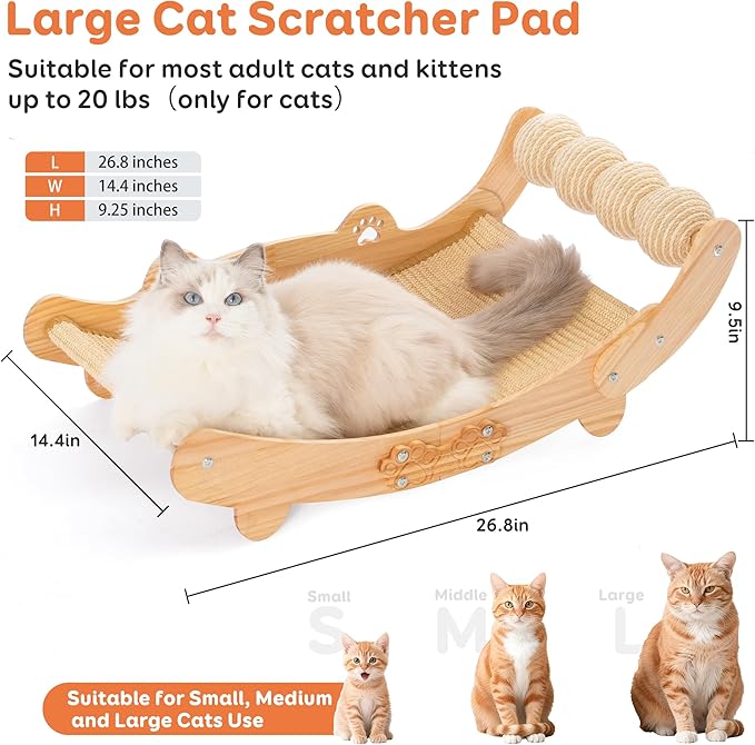 Sisal Cat Scratch Pad, Wooden Cat Scratching Board with Sisal Cat Scratch Mat and 4 Balls, Cat Scratchers for Indoor Cats Scratch & Lounger & Sleep (Large Size, Nature Wood)