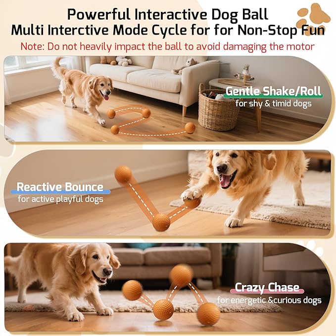 Chew Resistant Smart Interactive Dog Balls, Durable Food-Grade Rubber Material, Automatic Moving, Bouncing, Rotating Toy with Light for Medium, Large Dogs, IPX7 Waterproof (Orange)