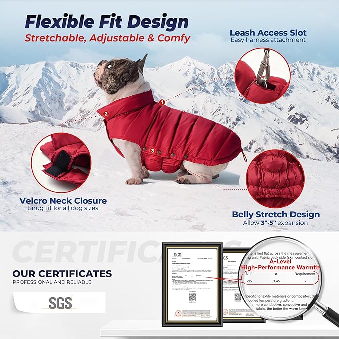 SPACE LION Dog Puffer Jacket, Down Winter Coat, Durable Outdoor Coat for Cold and Windy Conditions, Lightweight & Adjustable Fit Coats for Small & Medium Dogs, (Red, Size12/M)