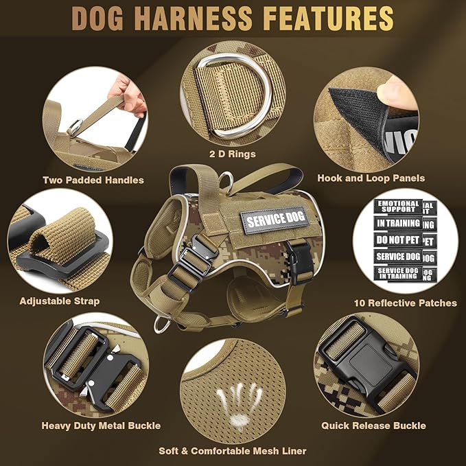 WINSEE Tactical Dog Harness for Large Dog, Heavy Duty Service Dog MOLLE Vest with 10 Pet Patches, No Pull Military Working Vest for Training Hunting Walking