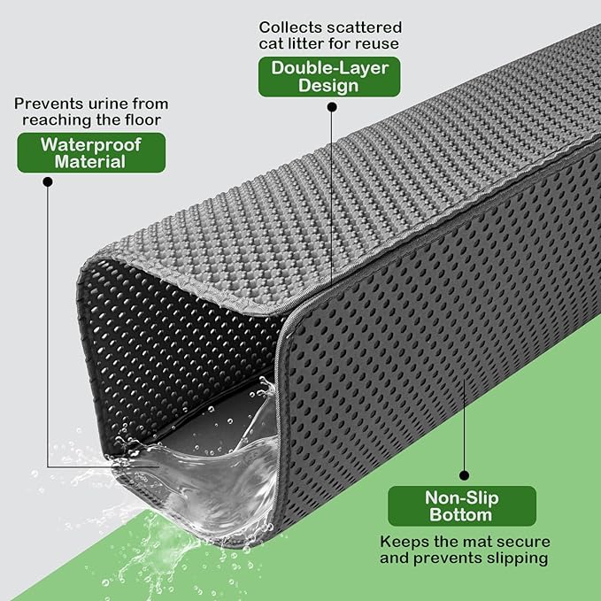 Cat Litter Mat 36"x 24" Double Layer Waterproof Kitty Cat Litter Trapping Mat, Easy to Clean Litter Box Mat Scatter Control Pad, Grey