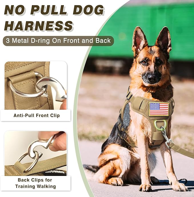Tactical Service Dog Vest Harness and Leash Set,Heavy Duty Dog Harness with Metal Buckles for Large Dogs,Adjustable No Pull Pet Vest with 10 Patches,for Training Working,Brown L