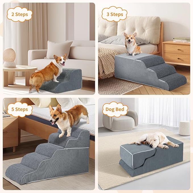 5-Steps Dog Stairs for High Bed and Couch 21.3" H, Wider Pet Stairs for Small Old Large Cats, 30° Steady Non-Slip Dog Steps Ramp with Removable Cover, PE Boards
