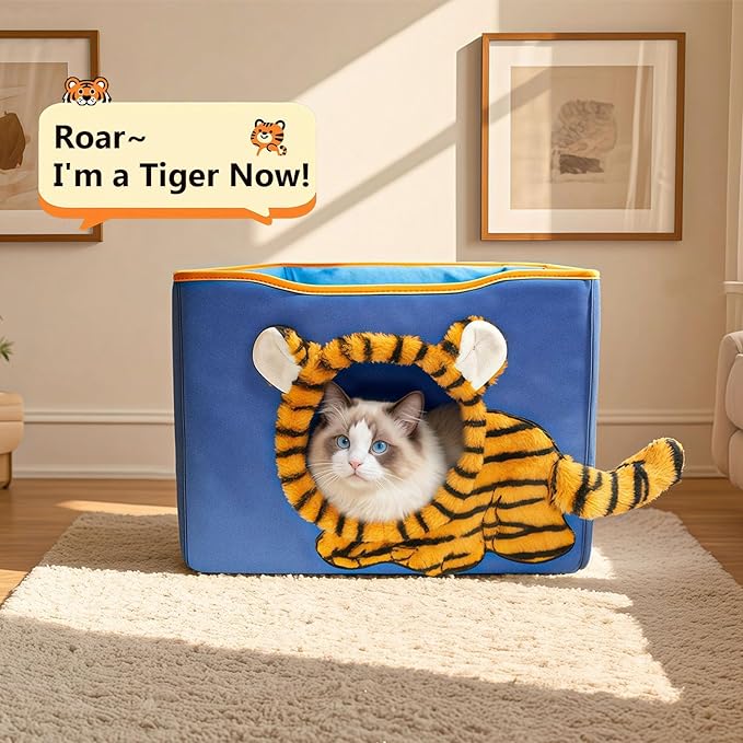 CWV Cat Houses for Indoor Cats, Cute Cat Cave Bed with Scratch Pad, Foldable Cat Cube for Multiple Large Cats, 17X17x13inch, Tiger Design