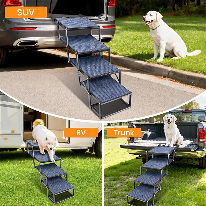 Dog Stairs for Car, 42''x 17'' Extra Wide Dog Stairs for Large Dogs to 250 LBS, Portable Dog Steps with Removable Non-Slip Surface, 4 Steps Foldable Dog Ramp for Car, SUV, High Bed/Couch