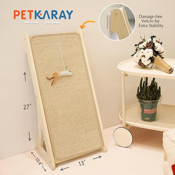 PETKARAY Cat Scratcher, Sisal Cat Scratching Ramp, L Shape Scratch Pad for Indoor Kitty, 27" Wall Furniture Protector with Mouse Toy