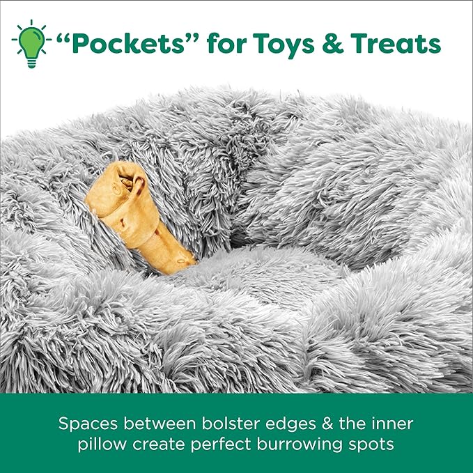 Furhaven 30" Round Calming Donut Dog Bed for Medium/Small Dogs, Refillable w/ Removable Washable Cover, Up to 45 lbs - Shaggy Plush Long Faux Fur Donut Bed -Mist Gray, Medium,30.0"L x 30.0"W x 10.0"Th