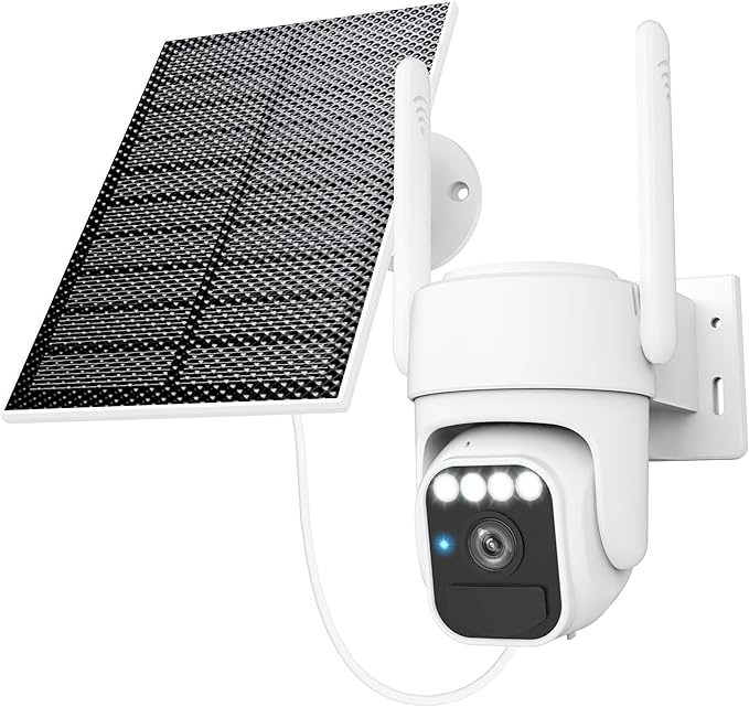 Solar Security Cameras Wireless Outdoor, 360°View, Color Night Vision, SD/Cloud Storage, Auto Tracking, 2-Way Talk, 2.4GHz WiFi, IP65 Waterproof