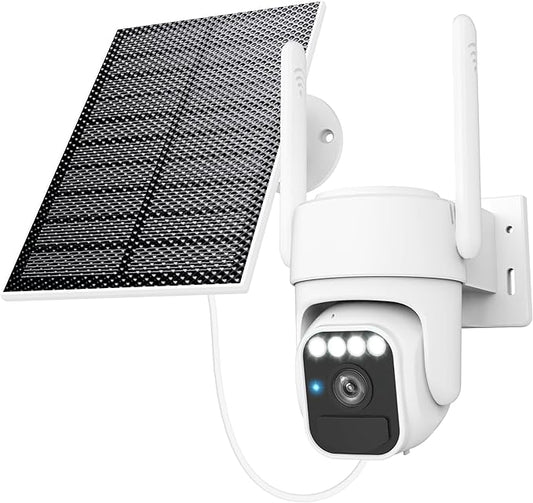 Solar Security Cameras Wireless Outdoor, 360°View, Color Night Vision, SD/Cloud Storage, Auto Tracking, 2-Way Talk, 2.4GHz WiFi, IP65 Waterproof